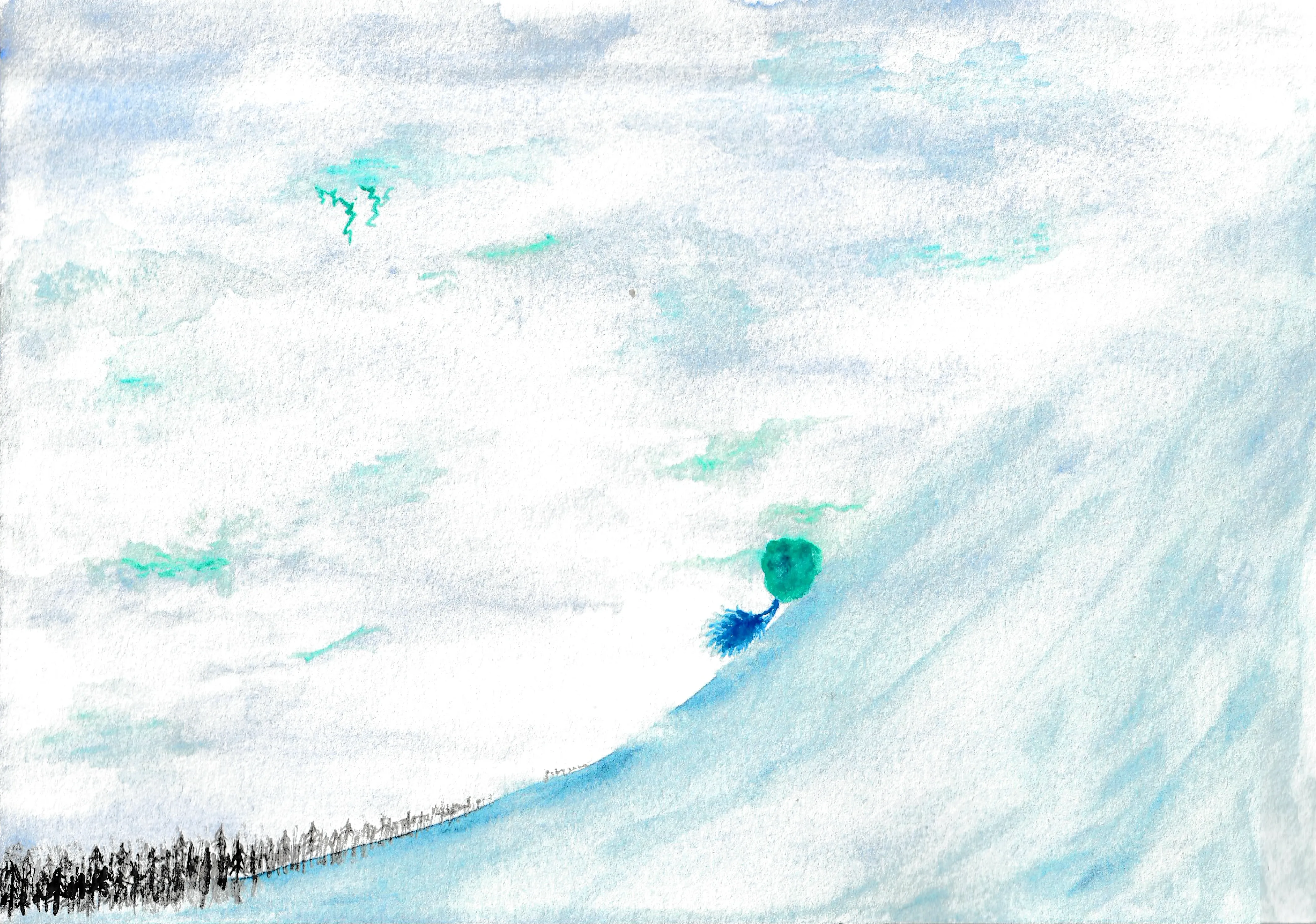 A watercolor of a small blue hedgehog pushing a large green boulder up a steep, snowy slope under a pale sky, a line of dark trees far below.
