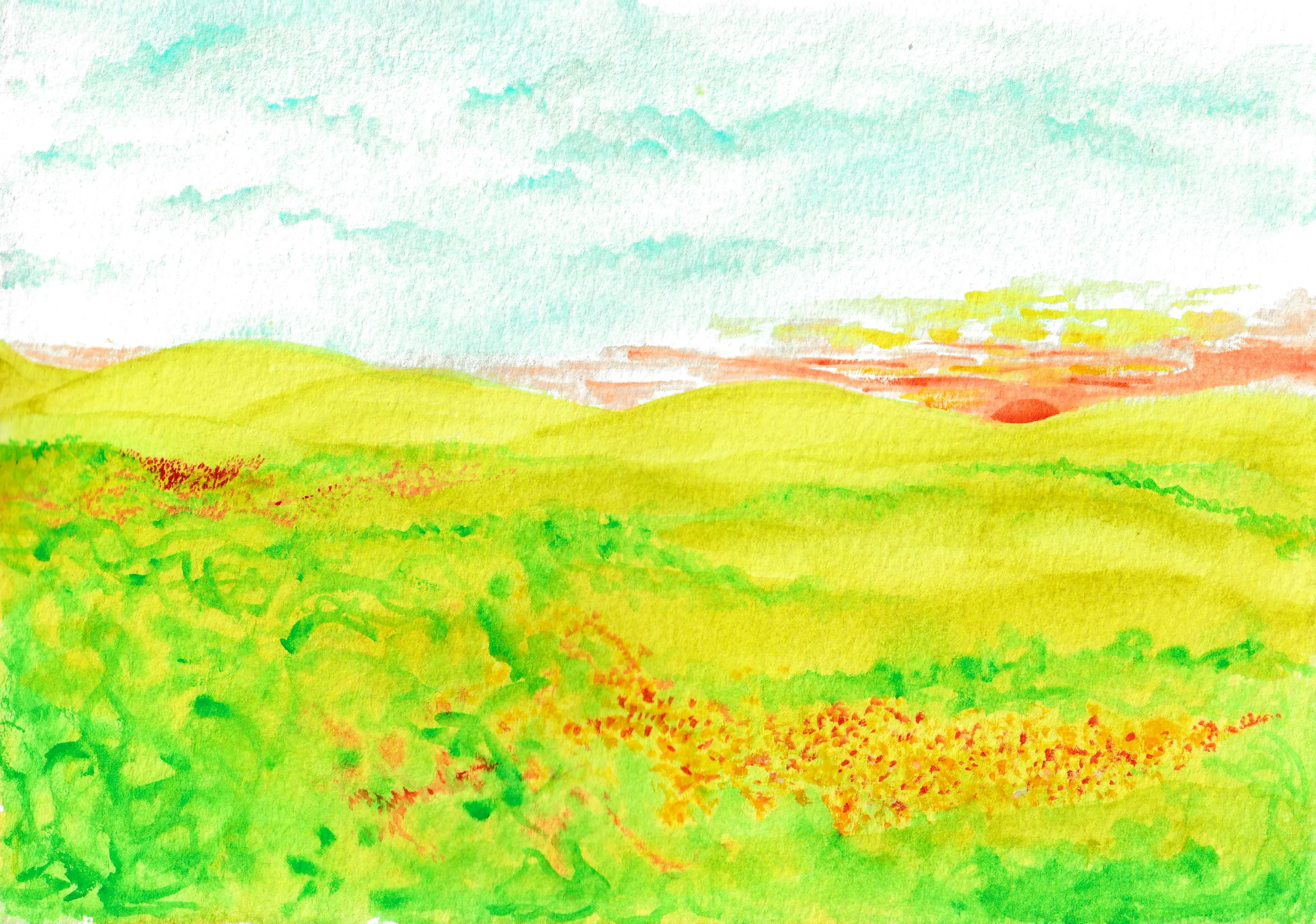 A watercolor of rolling yellow-green meadow hills flecked with orange wildflowers, a red sun setting on the horizon under a pale blue-green sky.